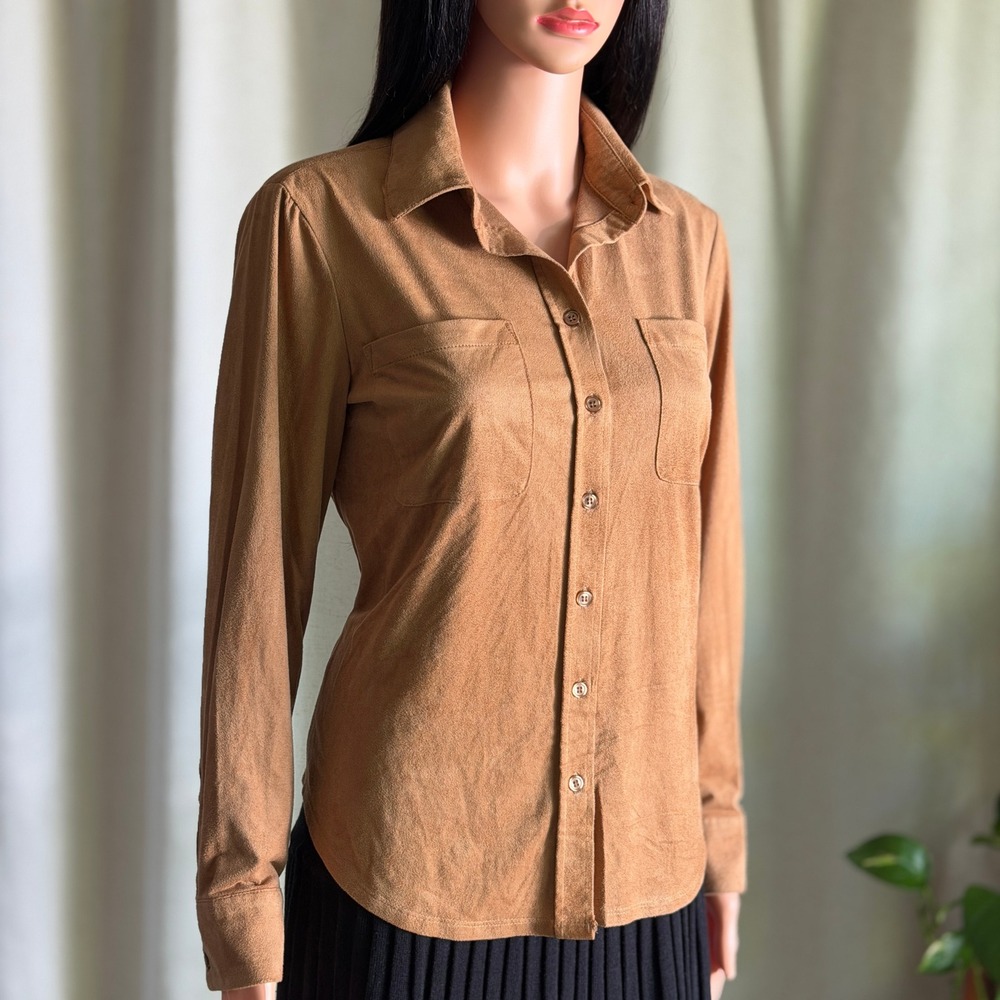 NWT Grace The Perfect Fit Faux Suede Button Down Shirt Camel Brown XS Western